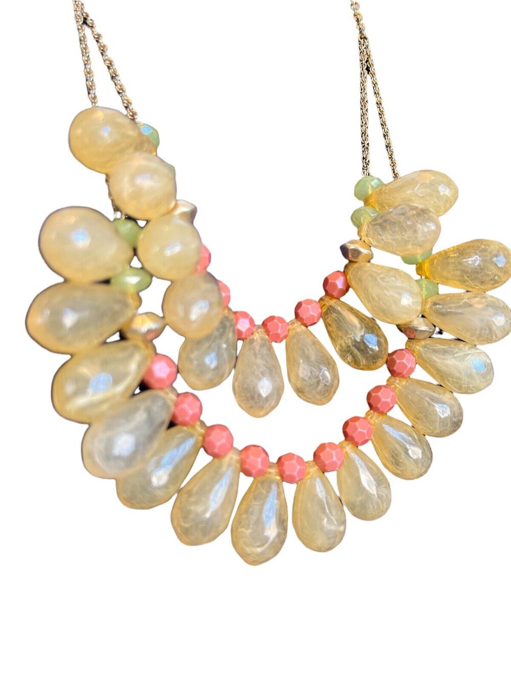 LYDELL NYC Yellow Tear Drop Beaded Statement Necklace Gold Tone Green Coral